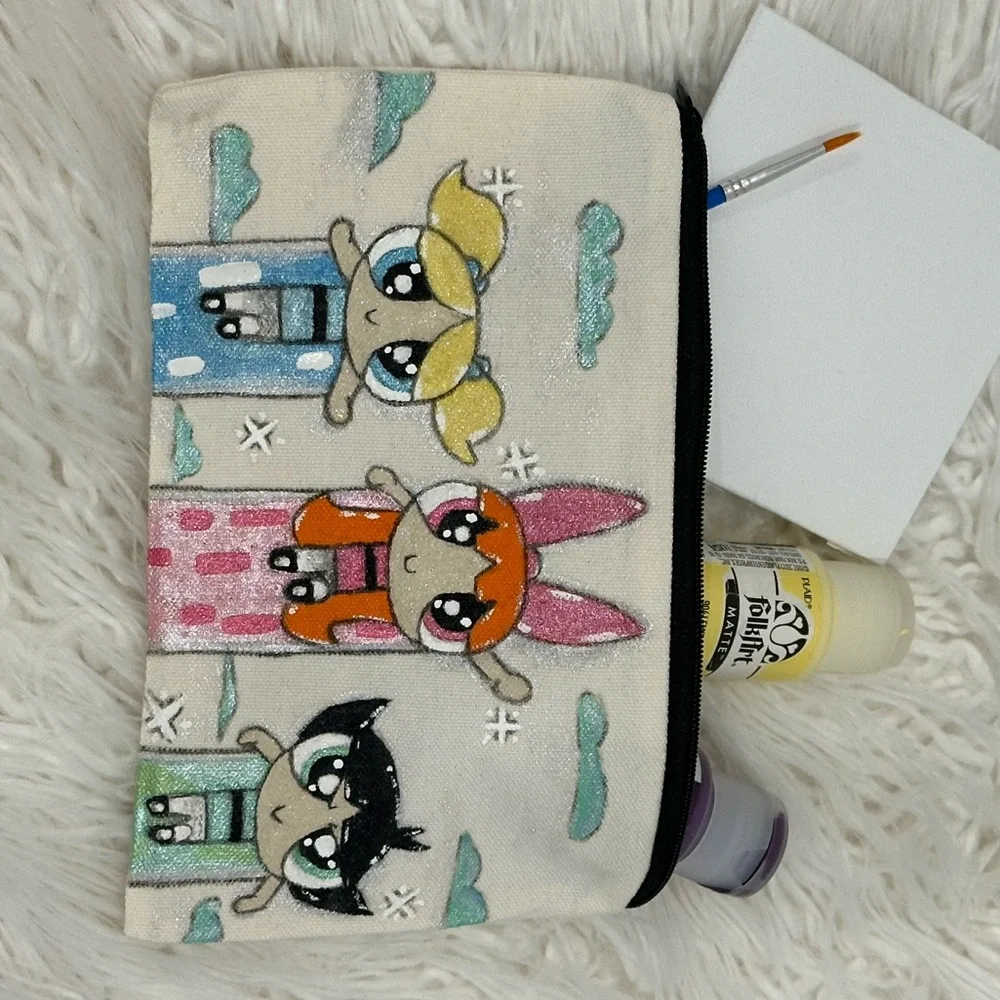Powerpuff Girls Beauty/Stationary Bag Handmade Acrylic Paints 7 1/2”L x 5”H